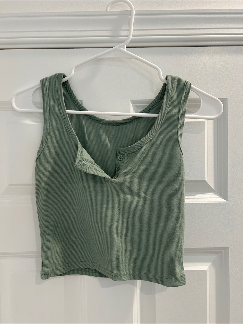 Ribbed Cropped Button Tank Top - Sage Green